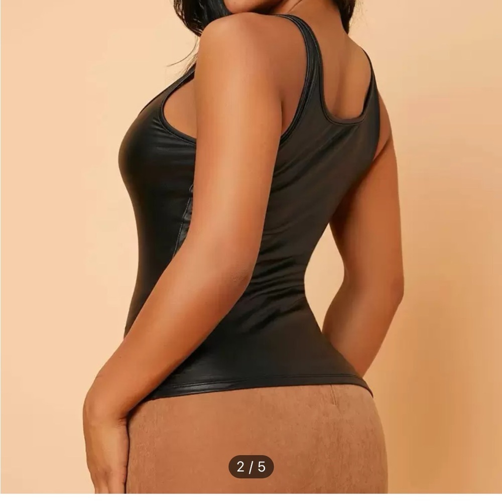 Black Faux Leather Stretchy Scoop Neck Sleeveless Tank Top - Picture 2 of 3